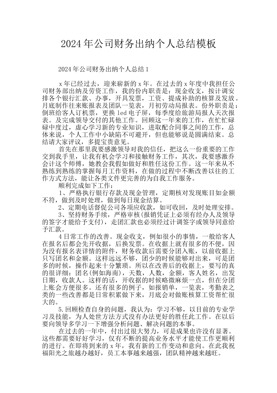 2024年公司财务出纳个人总结模板_第1页