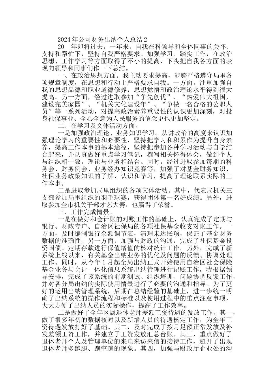 2024年公司财务出纳个人总结模板_第2页