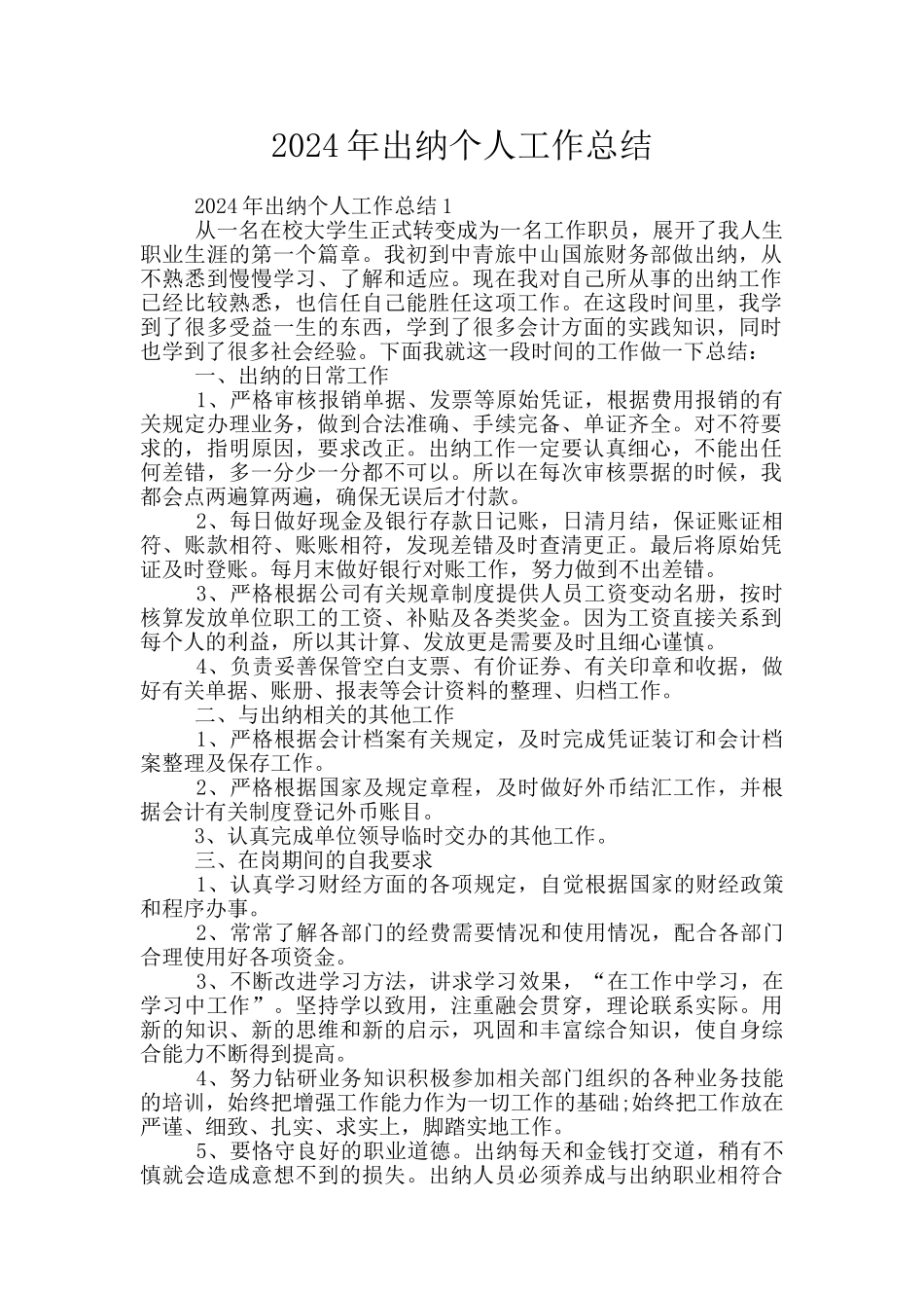 2024年出纳个人工作总结_第1页