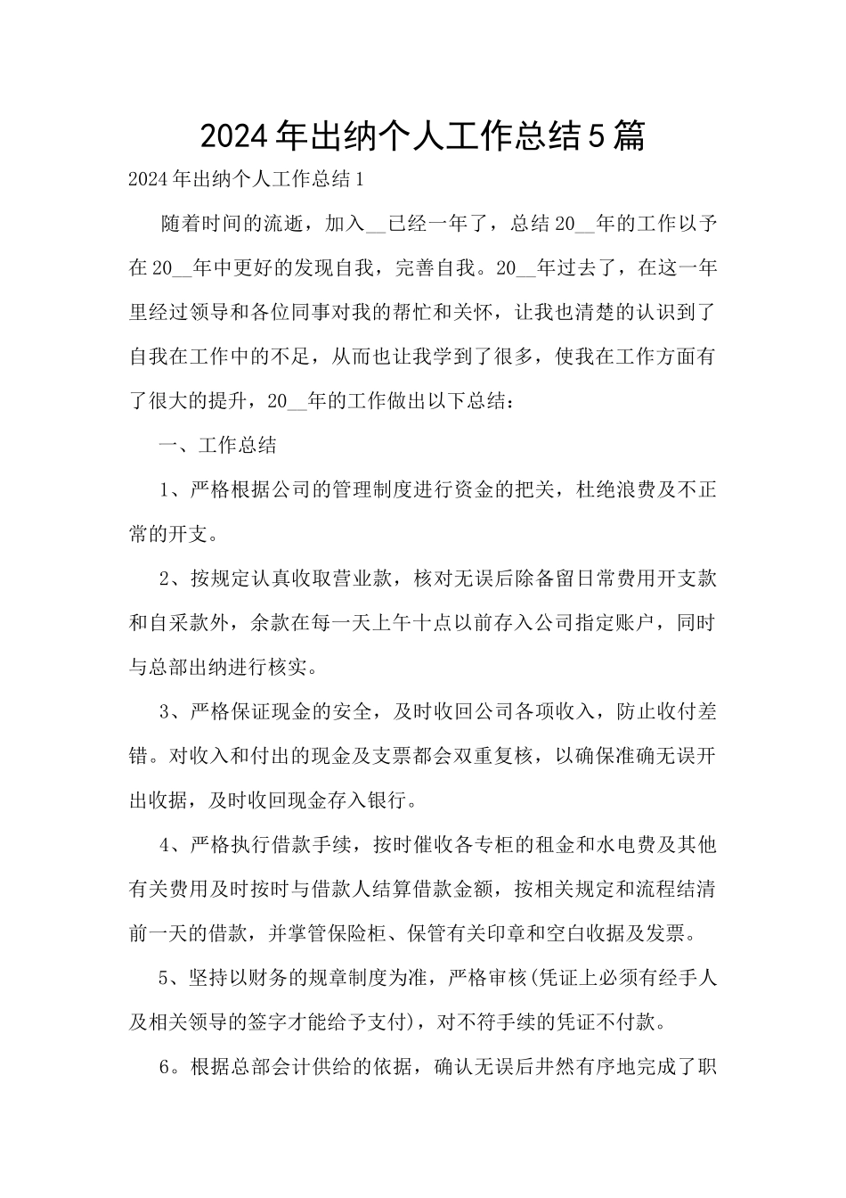 2024年出纳个人工作总结5篇_第1页