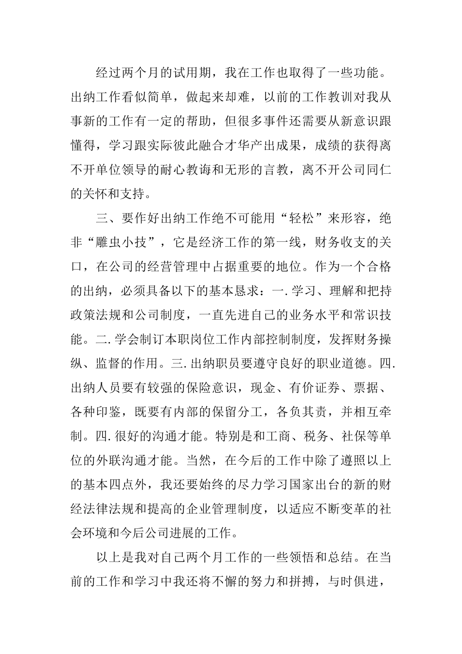 2024年出纳试用期工作总结范文4篇_第2页