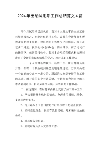 2024年出纳试用期工作总结范文4篇