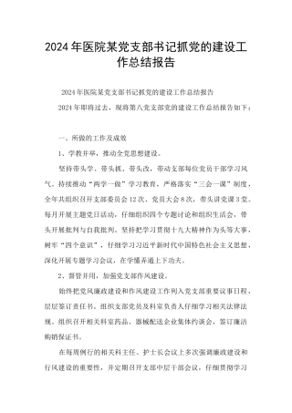 2024年医院某党支部书记抓党的建设工作总结报告