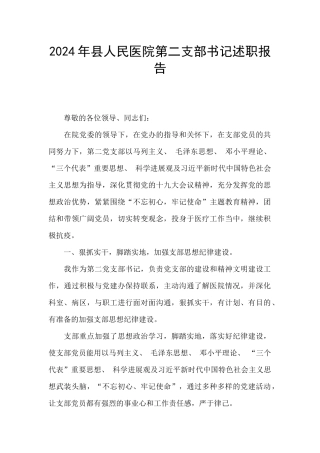 2024年县人民医院第二支部书记述职报告