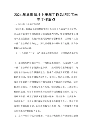 2024年县供销社上半年工作总结和下半年工作重点