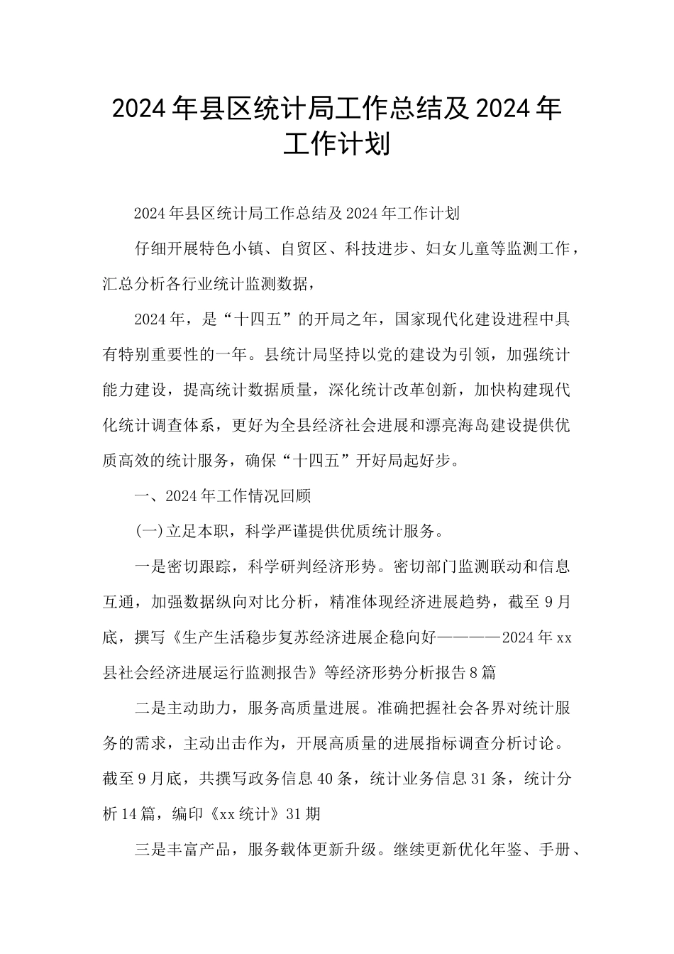 2024年县区统计局工作总结及2024年工作计划_第1页