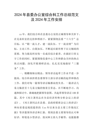 2024年县委办公室综合科工作总结范文及2024年工作安排