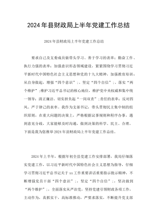 2024年县财政局上半年党建工作总结