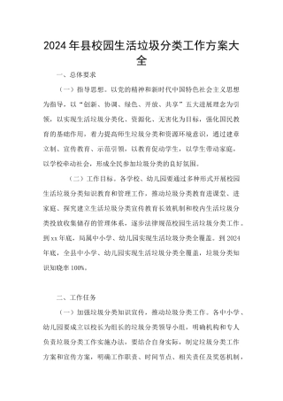 2024年县校园生活垃圾分类工作方案大全