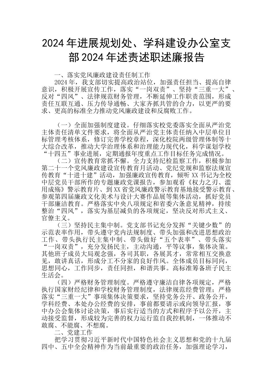 2024年发展规划处、学科建设办公室支部2024年述责述职述廉报告_第1页