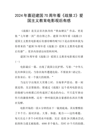 2024年喜迎建国70周年看《战狼2》爱国主义教育电影观后有感