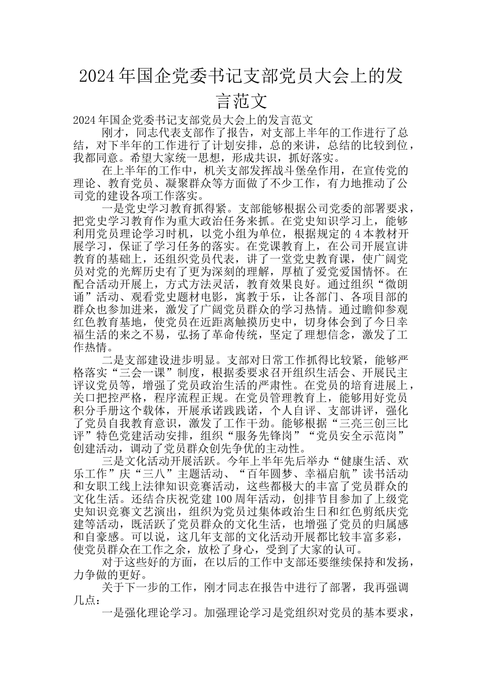 2024年国企党委书记支部党员大会上的发言范文_第1页