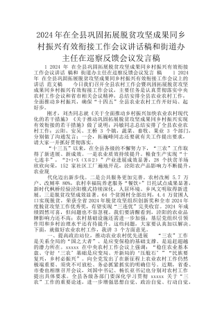 2024年在全县巩固拓展脱贫攻坚成果同乡村振兴有效衔接工作会议讲话稿和街道办主任在巡察反馈会议发言稿