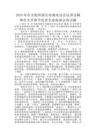 2024年在全组织部长电视电话会议讲话稿和在全市春节民营企业座谈会讲话稿