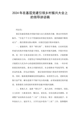 2024年在基层党建引领乡村振兴大会上的领导讲话稿