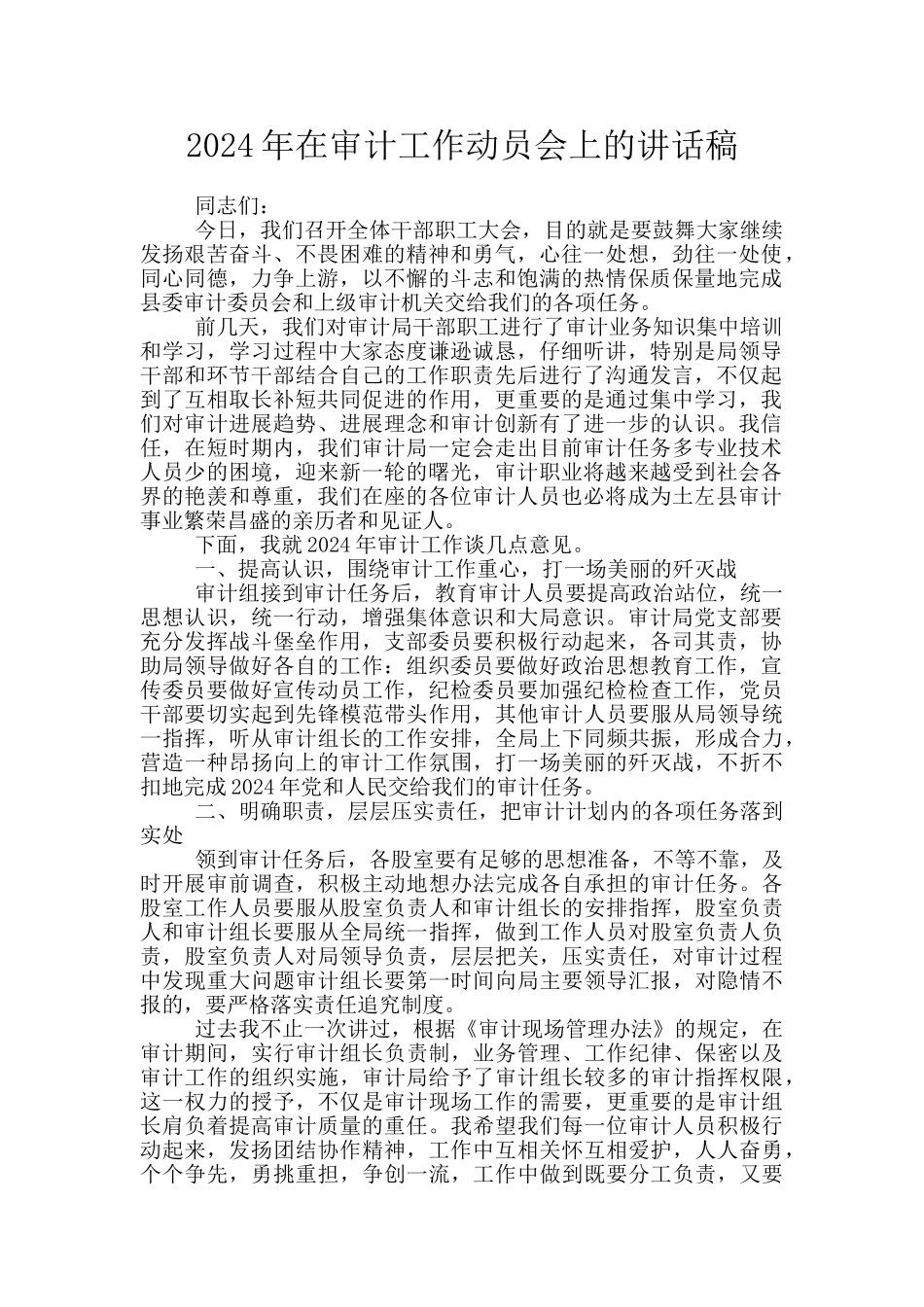 2024年在审计工作动员会上的讲话稿_第1页