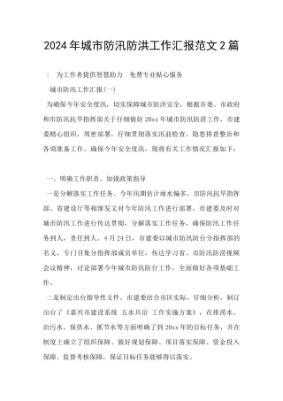 2024年城市防汛防洪工作汇报范文2篇
