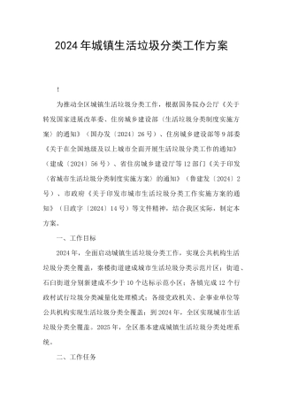 2024年城镇生活垃圾分类工作方案