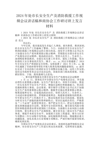2024年处市长安全生产及消防救援工作视频会议讲话稿和商协会工作研讨班上发言材料