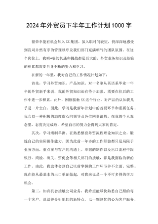 2024年外贸员下半年工作计划1000字