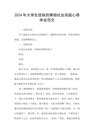 2024年大学生促销员寒假社会实践心得体会范文