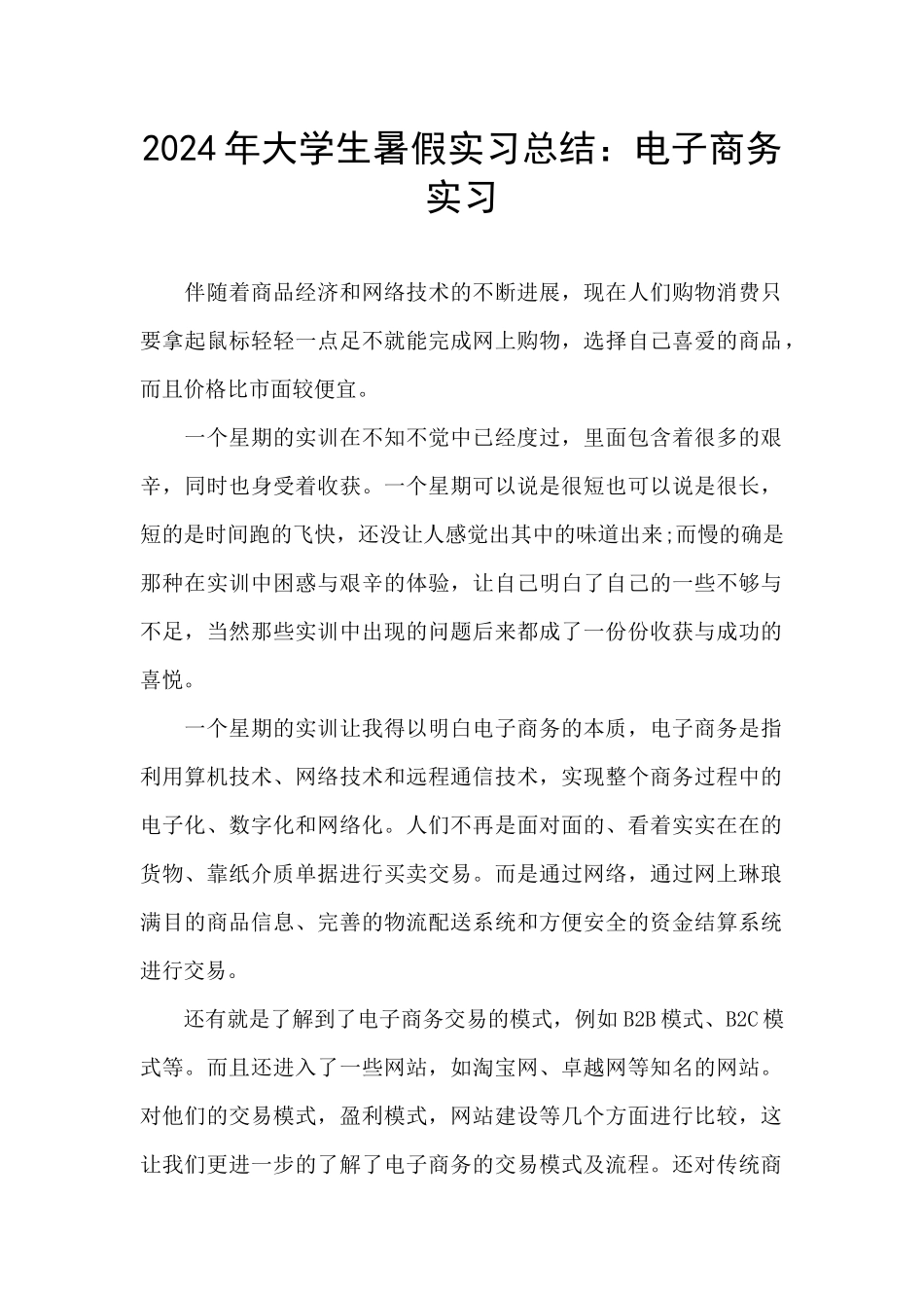 2024年大学生暑假实习总结：电子商务实习_第1页