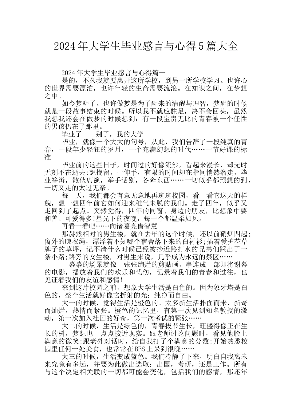 2024年大学生毕业感言与心得5篇大全_第1页