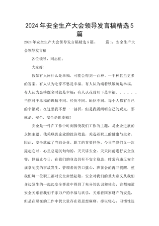 2024年安全生产大会领导发言稿精选5篇