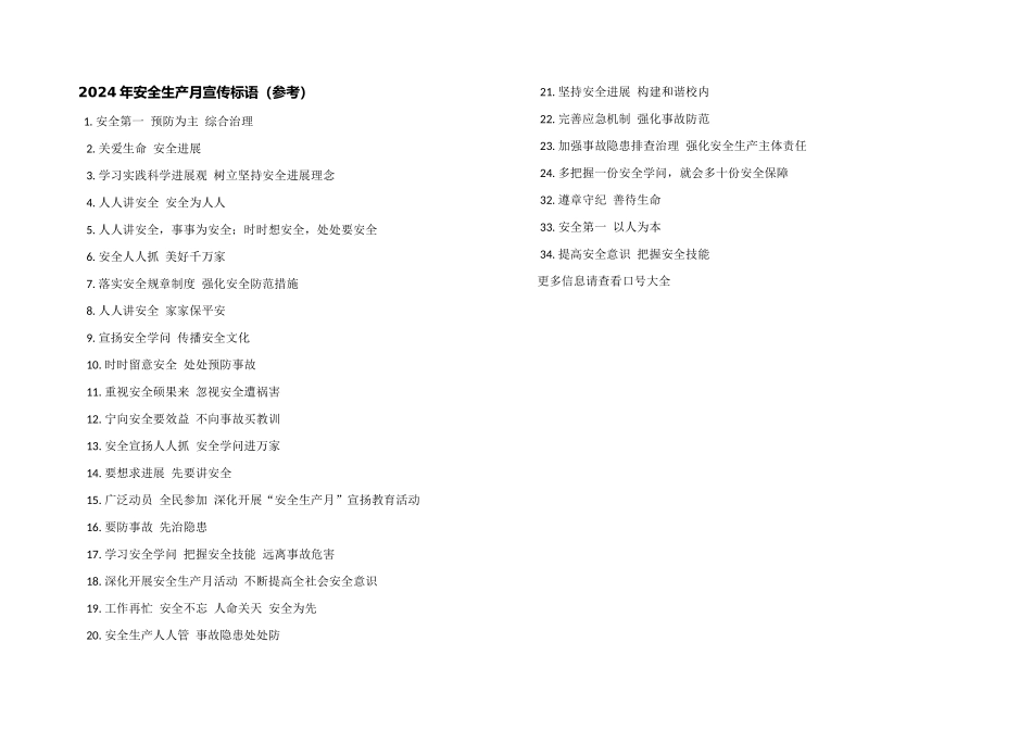 2024年安全生产月宣传标语（参考）_第1页