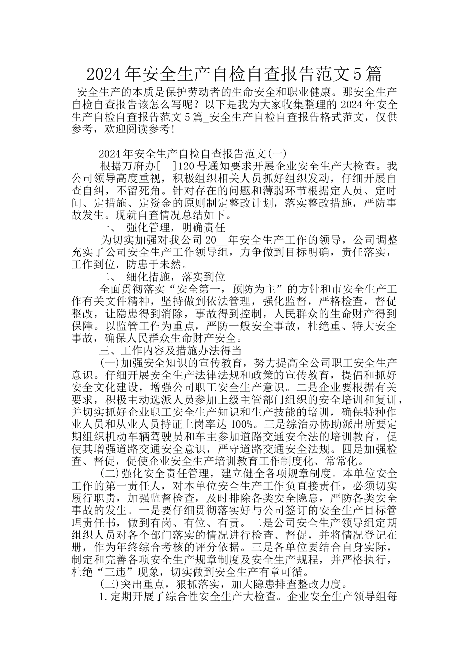 2024年安全生产自检自查报告范文5篇_第1页