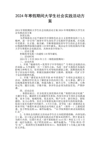 2024年寒假期间大学生社会实践活动方案