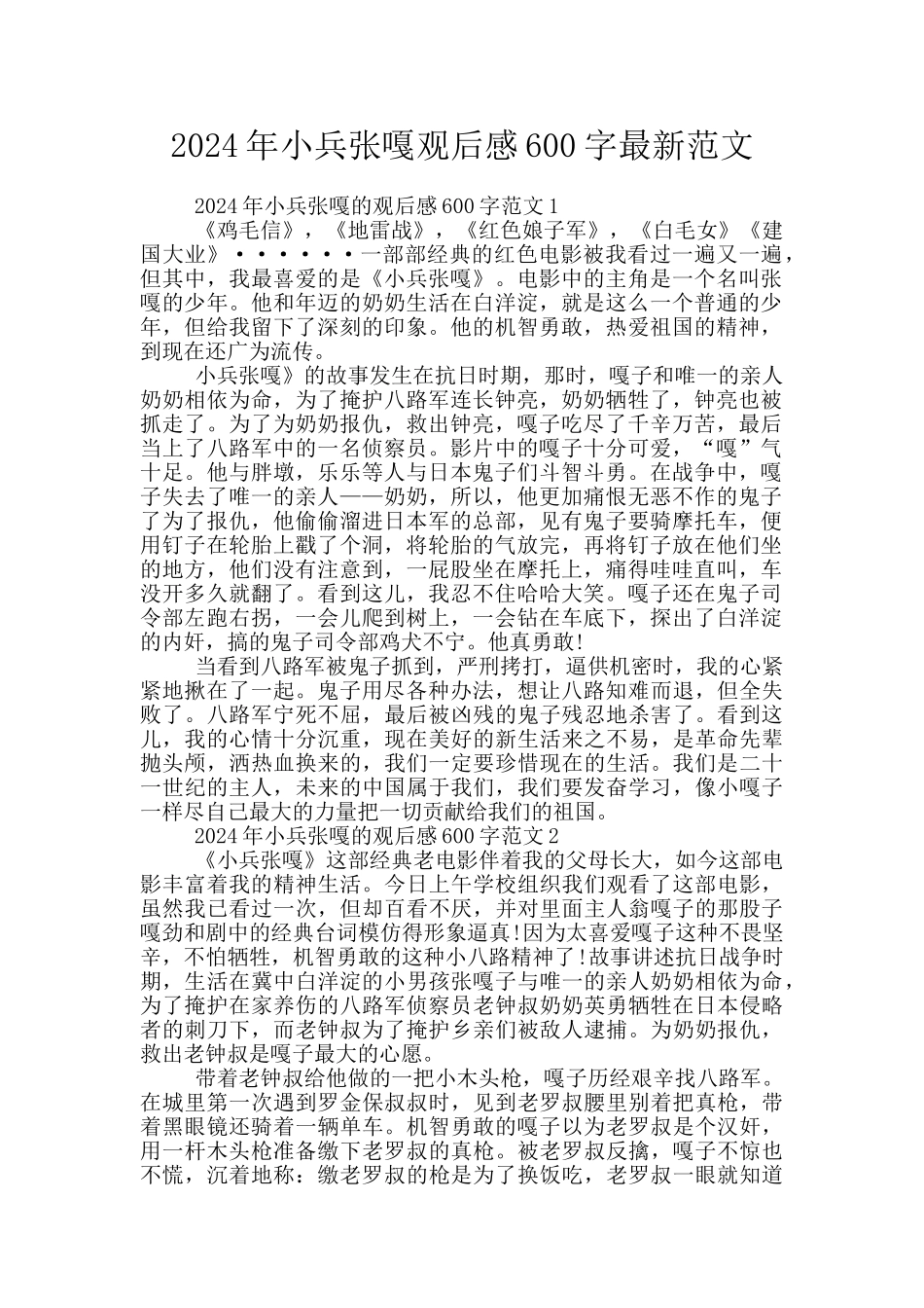 2024年小兵张嘎观后感600字最新范文_第1页