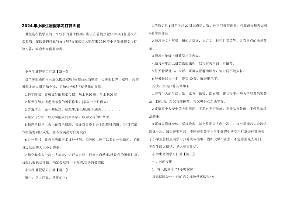 2024年小学生暑假学习计划5篇_第1页