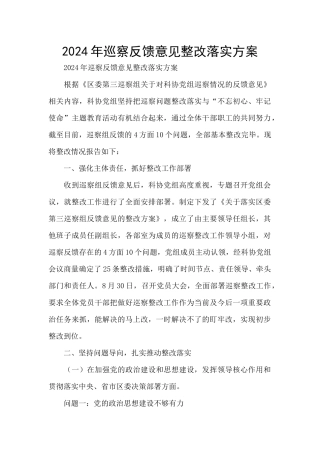 2024年巡察反馈意见整改落实方案