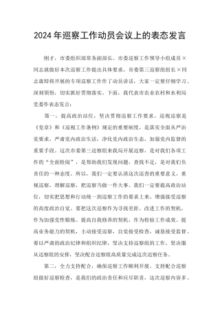 2024年巡察工作动员会议上的表态发言