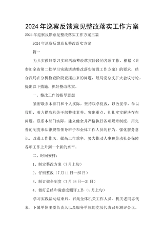 2024年巡察反馈意见整改落实工作方案