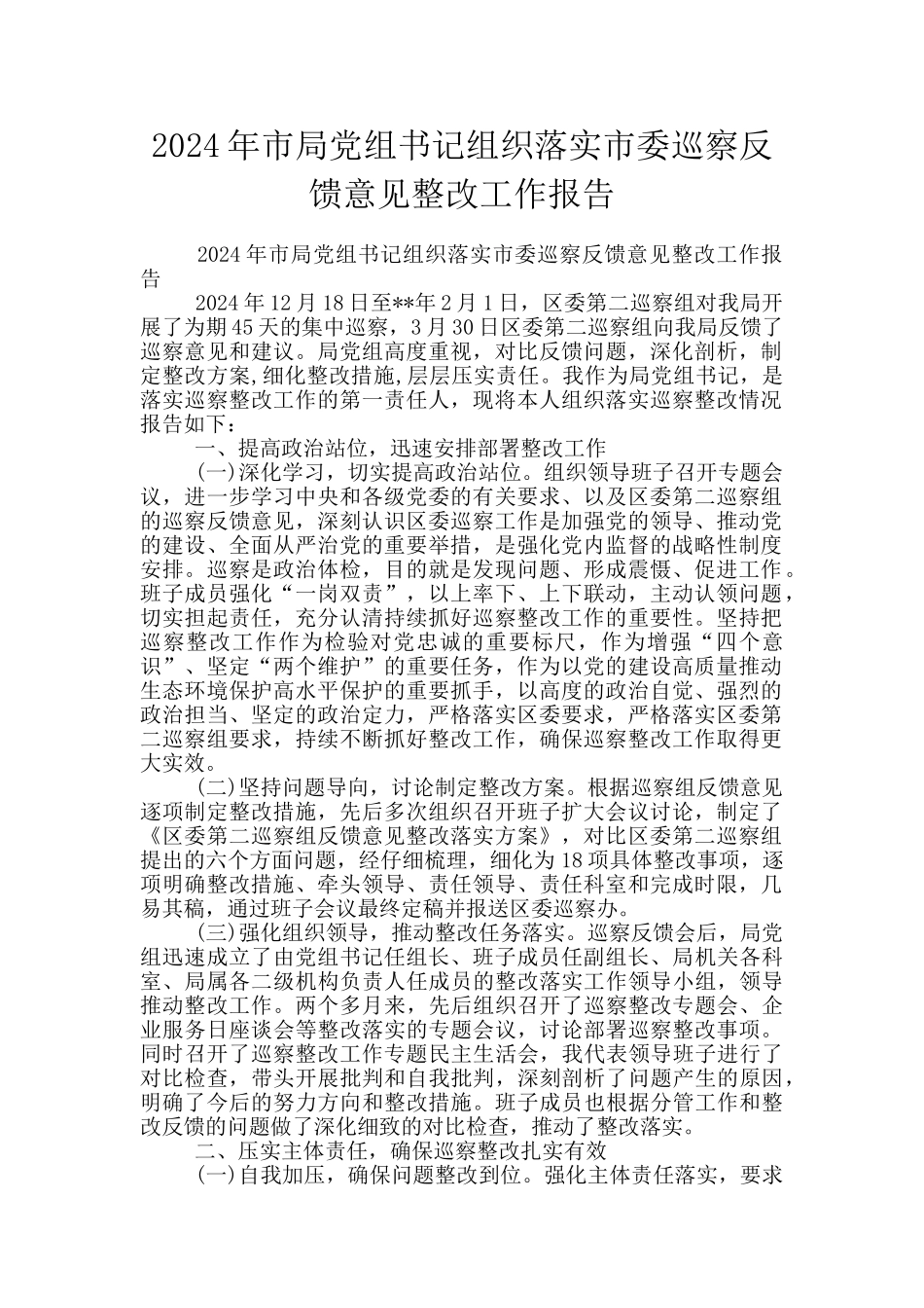 2024年市局党组书记组织落实市委巡察反馈意见整改工作报告_第1页