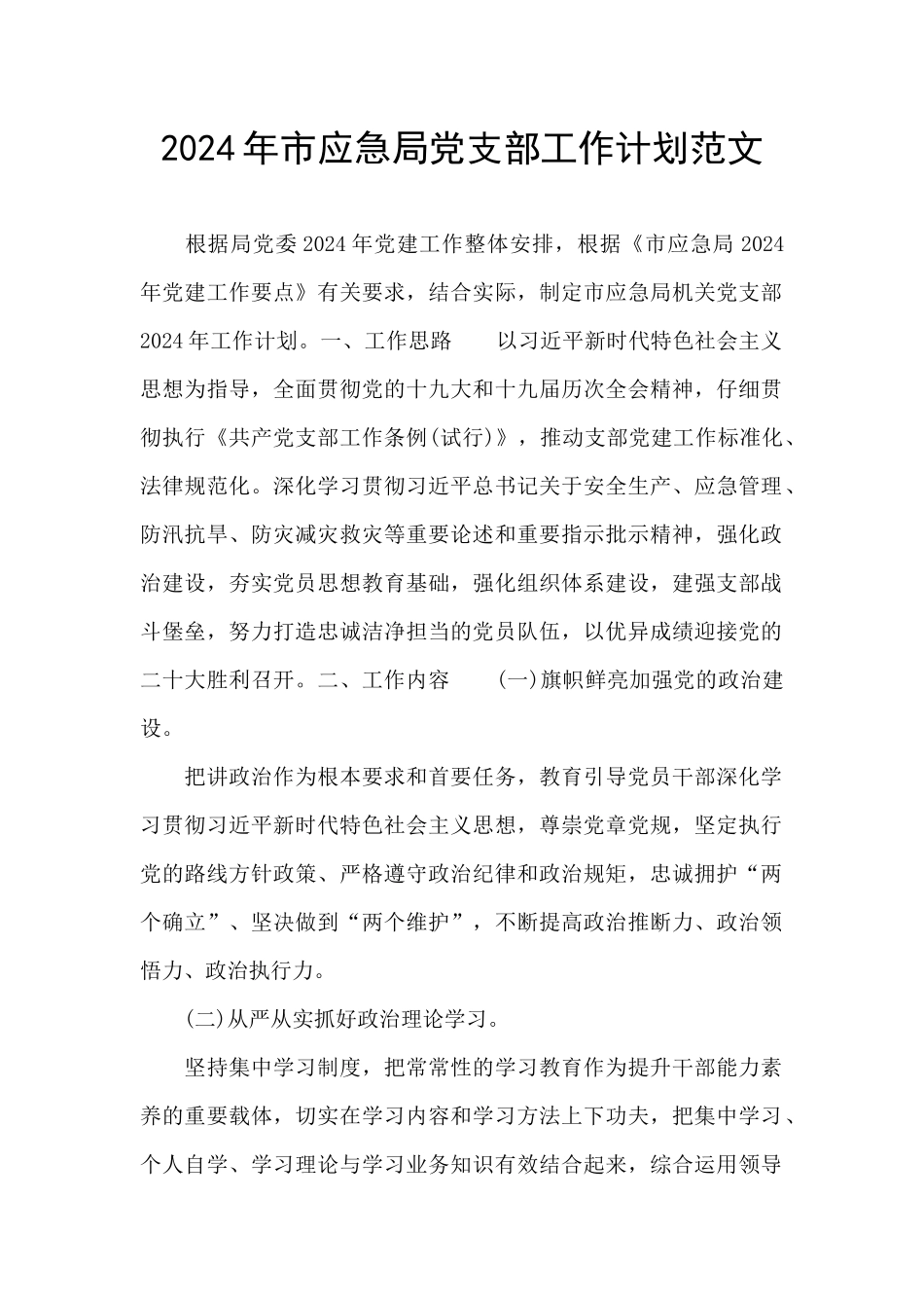 2024年市应急局党支部工作计划范文_第1页
