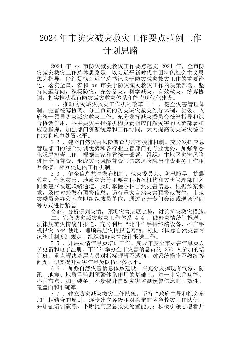 2024年市防灾减灾救灾工作要点范例工作计划思路_第1页