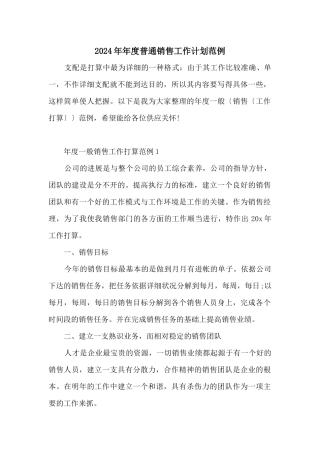 2024年年度普通销售工作计划范例