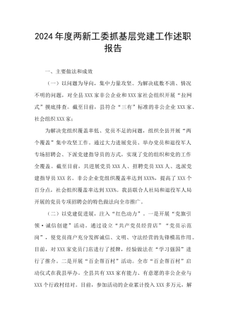 2024年度两新工委抓基层党建工作述职报告