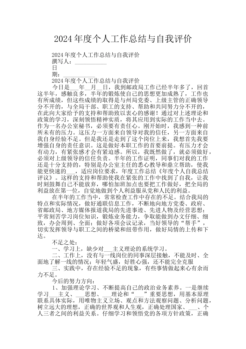 2024年度个人工作总结与自我评价_第1页