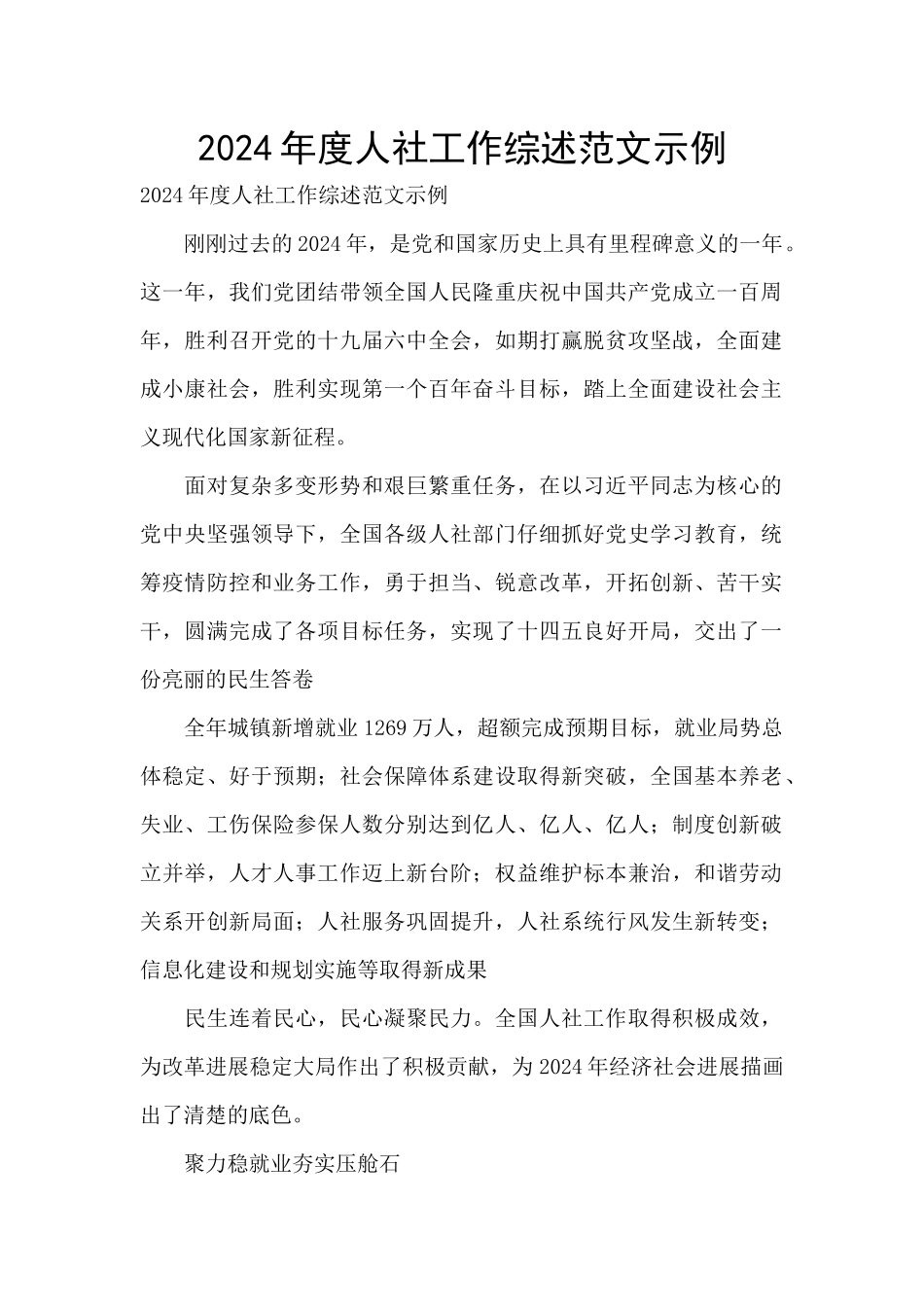 2024年度人社工作综述范文示例_第1页