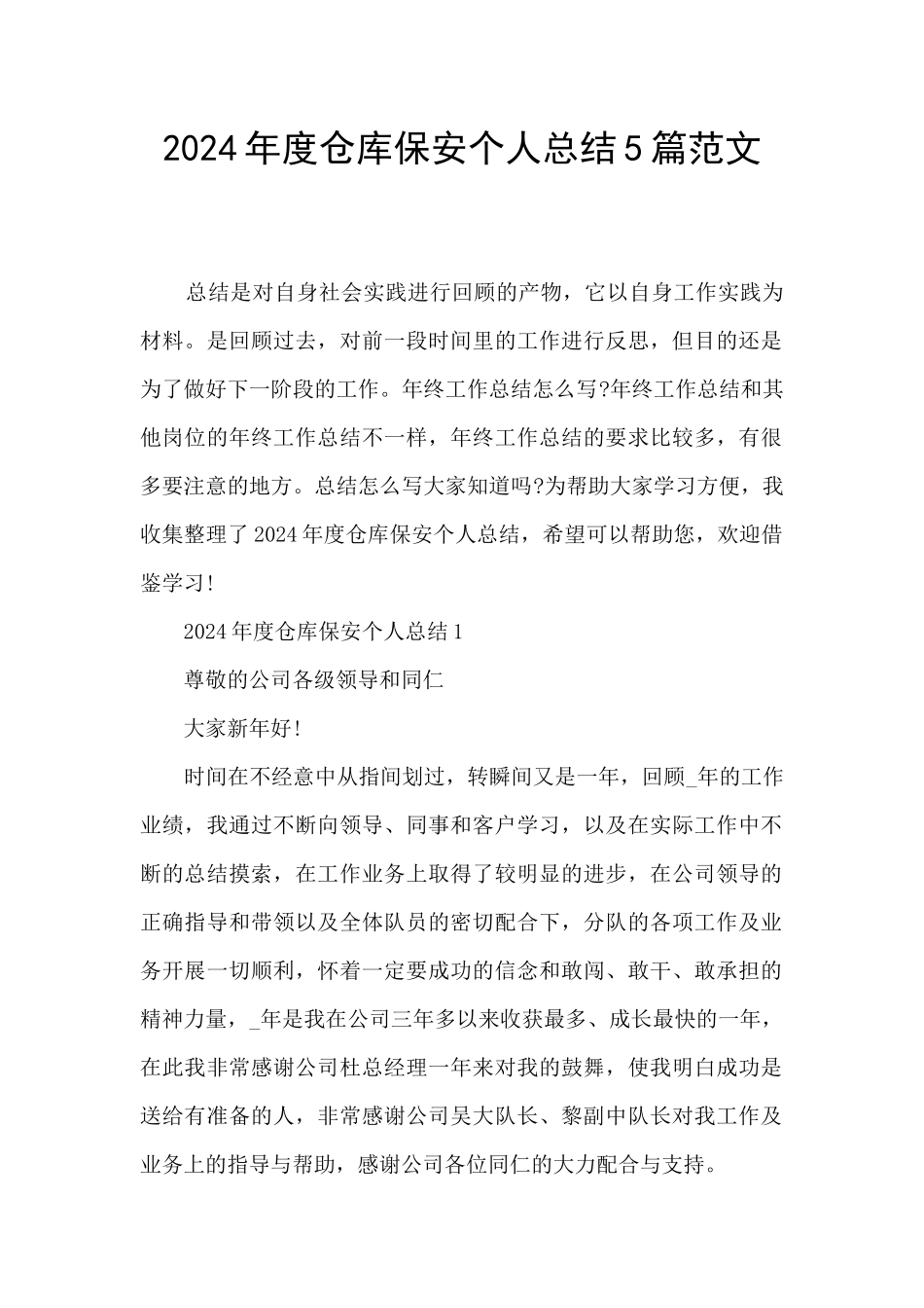 2024年度仓库保安个人总结5篇范文_第1页