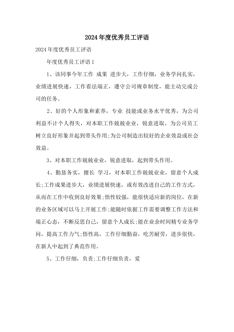 2024年度优秀员工评语_第1页