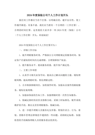 2024年度保险公司个人工作计划开头