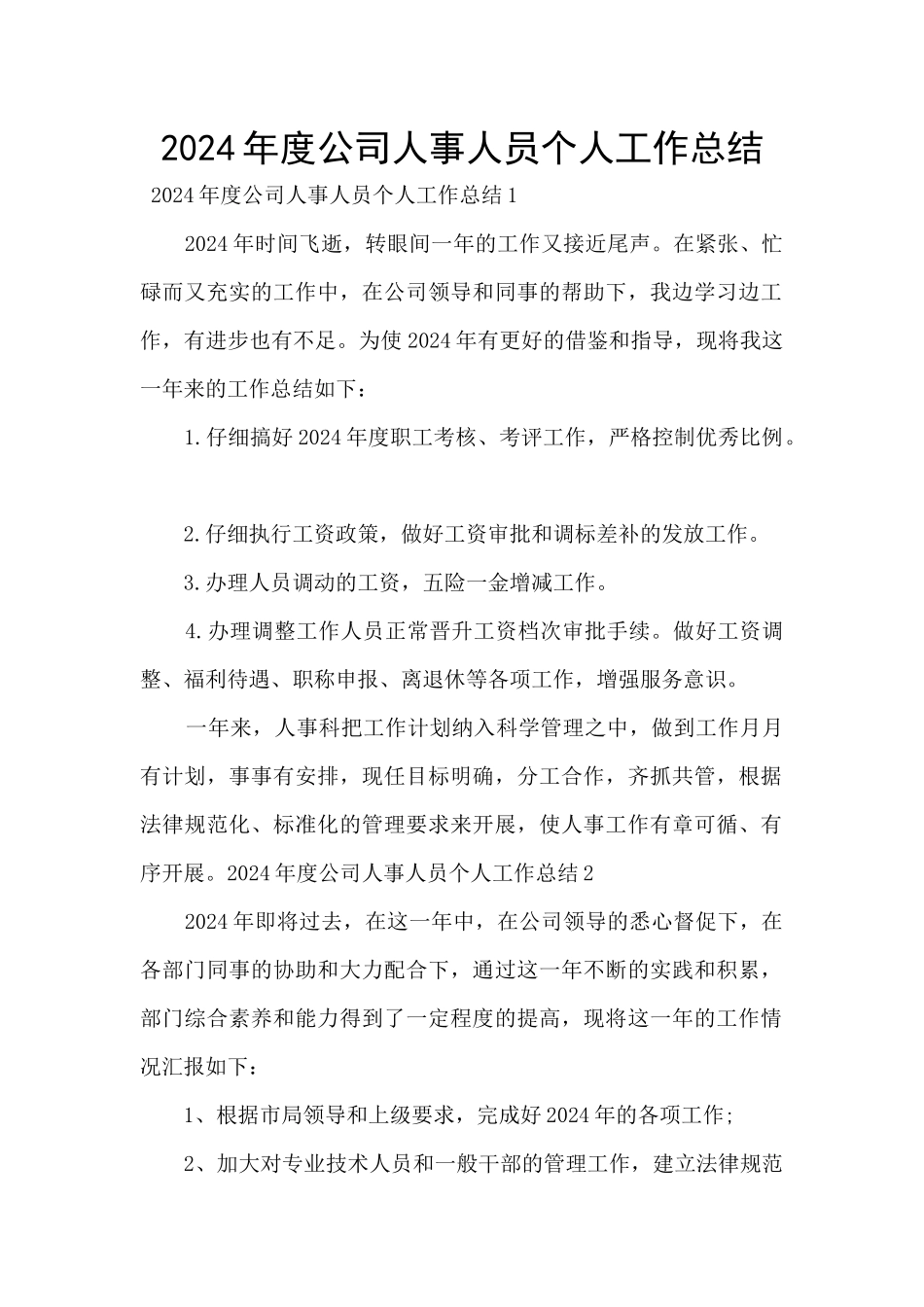 2024年度公司人事人员个人工作总结_第1页