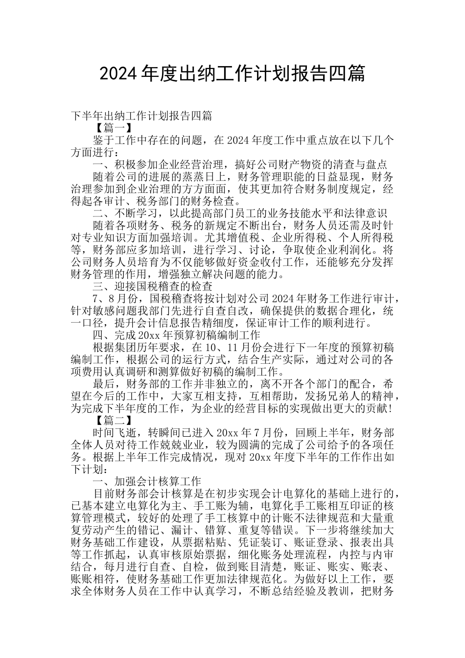 2024年度出纳工作计划报告四篇_第1页