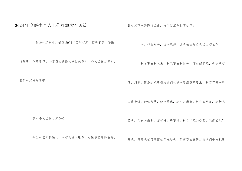 2024年度医生个人工作计划大全5篇_第1页