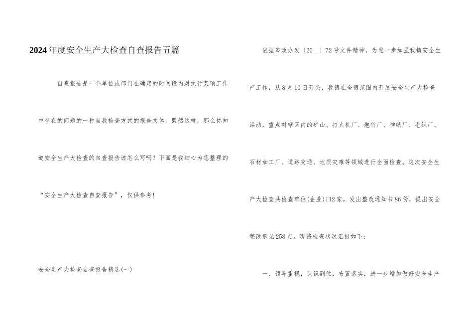 2024年度安全生产大检查自查报告五篇_第1页
